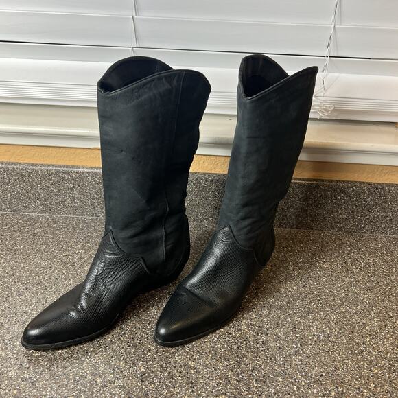 Botalino Women's Size 7.5 M Black Nubuck Leather Mid Calf Boots Pull On Low Heel - Picture 2 of 9